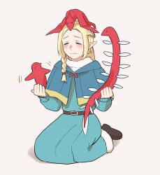 Rule 34 | 1girl, belt, bird, blonde hair, blue capelet, blue robe, blush, braid, brown belt, capelet, chick, closed eyes, closed mouth, commentary request, dragon, dungeon meshi, elf, happy tears, highres, holding, karabuki, kneeling, long hair, long sleeves, marcille&#039;s familiar, marcille donato, pointy ears, robe, simple background, smile, tears, white background