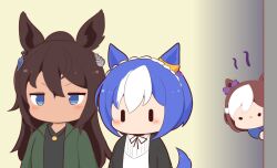 Rule 34 | 3girls, animal ears, black jacket, black shirt, blue eyes, blue hair, blue shirt, blush stickers, bow, brown hair, cesario (umamusume), chibi, commentary request, ear bow, gomashio (goma feet), green jacket, horse ears, horse girl, horse tail, jacket, long hair, multicolored hair, multiple girls, open clothes, open jacket, peeking out, purple bow, shirt, special week (umamusume), symboli kris s (umamusume), tail, two-tone hair, umamusume, v-shaped eyebrows, very long hair, white hair, white shirt, | |