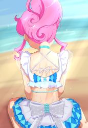 Rule 34 | 1girl, absurdres, anisakisu, argyle, argyle bow, argyle clothes, argyle skirt, back, back bow, bare arms, barefoot, beach, blue choker, blue sky, blurry, blurry background, bow, choker, close-up, crop top, day, depth of field, from behind, high ponytail, highres, horizon, kiratto pri chan, lace trim, long hair, midriff, miniskirt, momoyama mirai, multicolored clothes, multicolored skirt, nape, ocean, outdoors, pink hair, pretty series, sand, sidelocks, sitting, skirt, sky, solo, summer maid coord, wariza, white bow