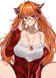Rule 34 | 1girl, adjusting eyewear, ahoge, bare shoulders, bespectacled, blonde hair, blunt bangs, bow, breasts, bright pupils, camisole, cleavage, cleavage cutout, clothing cutout, collarbone, cowboy shot, diagonal-striped bow, dokuro deluxe, dragon girl, dragon horns, frilled camisole, frills, glasses, hair intakes, hair ribbon, hand up, highres, hololive, horn bow, horn ornament, horns, jacket, jewelry, kiryu coco, kiryu coco (loungewear), large breasts, long hair, long sleeves, looking at viewer, messy hair, multicolored eyes, multicolored hair, off shoulder, official alternate costume, open clothes, open jacket, orange hair, partially unzipped, pendant, pointy ears, purple eyes, red eyes, red jacket, ribbon, semi-rimless eyewear, sidelocks, simple background, sitting, slit pupils, smile, solo, spaghetti strap, spread legs, streaked hair, striped, striped bow, track jacket, twintails, under-rim eyewear, virtual youtuber, white background, white camisole, white pupils, zipper pull tab