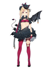 Rule 34 | 1girl, asymmetrical legwear, asymmetrical sleeves, black footwear, black hat, blonde hair, bow, breasts, cleavage, cleavage cutout, closed mouth, clothing cutout, demon tail, female focus, full body, hair ribbon, hat, heart cutout, high heels, highres, indie virtual youtuber, kotoribako, kuroma mihana, looking at viewer, multicolored hair, official alternate costume, red eyes, red thighhighs, ribbon, shoes, shrug (clothing), simple background, single wing, small breasts, smile, solo, standing, streaked hair, tachi-e, tail, tail bow, tail ornament, thighhighs, top hat, twintails, underboob, virtual youtuber, wings