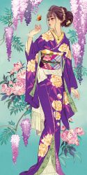Rule 34 | 1girl, black hair, floral print, flower, hair ornament, highres, japanese clothes, kimono, lipstick, long hair, makeup, matsuo hiromi, original, sash, solo