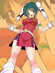 Rule 34 | 1girl, :d, armlet, bare shoulders, belt, belt buckle, beyblade, blue eyes, blue shorts, blunt bangs, blush, breasts, breasts apart, bright pupils, buckle, bun cover, china dress, chinese clothes, clenched hands, covered erect nipples, double bun, dress, fingerless gloves, foreshortening, frilled gloves, frills, from below, gloves, green hair, hair bun, halterneck, heart, large breasts, legs apart, looking at viewer, looking down, loose socks, mei mei (beyblade), metal fight beyblade, multicolored eyes, open mouth, orange background, parted bangs, pelvic curtain, red dress, ribbon, short dress, short hair, short shorts, shorts, shorts under dress, side slit, sleeveless, sleeveless dress, smile, socks, solo, standing, studded belt, turtleneck, white belt, white gloves, white ribbon, white socks, yellow pupils, yukimachi tounosuke, zoom layer