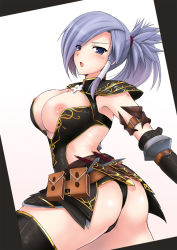 Rule 34 | 1girl, :o, areola slip, armband, armor, armpits, ass, back, belt, belt pouch, black panties, black thighhighs, blue eyes, blue hair, blush, border, breasts, buckle, capcom, cleavage, cleavage cutout, clothing cutout, cowboy shot, curvy, dagger, elbow gloves, embarrassed, gloves, hair ornament, hair tubes, huge ass, kizuki aruchu, knife, large breasts, long hair, looking at viewer, looking back, matching hair/eyes, microskirt, monster hunter, monster hunter (series), monster hunter frontier, nipple slip, nipples, no bra, noir (armor), open mouth, panties, pantyshot, pauldrons, ponytail, pouch, profile, scrunchie, sheath, shoulder armor, simple background, skirt, solo, spiked hair, standing, strap, surprised, swept bangs, thick thighs, thighhighs, thighs, thong, turtleneck, twisted torso, underwear, upskirt, weapon, white background, zettai ryouiki