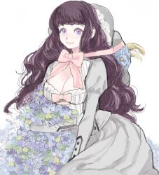 Rule 34 | 1girl, artist request, bad drawr id, bad id, black hair, blue flower, bonnet, bouquet, bow, bowtie, breasts, buttons, character request, cleavage, closed mouth, copyright request, curly hair, dress, dress bow, flower, grey dress, juliet sleeves, large breasts, leaf, long hair, long sleeves, looking at viewer, oekaki, pink bow, pink bowtie, puffy sleeves, purple eyes, red eyes, simple background, sitting, solo, two-tone eyes, unworn headwear, wariza, wheat, white background