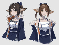 Rule 34 | 1girl, animal ears, arknights, blue bow, blue dress, bow, brown hair, collarbone, commentary, dress, fox ears, fur-trimmed jacket, fur trim, grey background, hair bow, jacket, long hair, looking at viewer, megusuri nodoame kuensan, multiple views, open clothes, open jacket, perfumer (arknights), ponytail, simple background, sketch, smile, spaghetti strap, striped, striped bow, yellow eyes