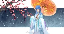 Rule 34 | 1girl, blue eyes, blue hair, branch, cherry blossoms, chinese clothes, cleavage cutout, closed mouth, clothing cutout, douluo dalu, earrings, expressionless, fur trim, hair ornament, highres, holding, holding umbrella, jewelry, long hair, outstretched hand, qiu er he ta de pengyou men, snowing, solo, umbrella, upper body, wang qiu er (douluo dalu)