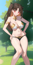 Rule 34 | 1girl, armlet, bare shoulders, bikini, blush, breasts, brown hair, cleavage, collarbone, fate/grand order, fate (series), gold trim, highres, ishtar (fate), jewelry, large breasts, long hair, looking at viewer, mismatched bikini, navel, neck ring, parted bangs, red eyes, shinsaku (stan-art), smile, solo, swimsuit, thighs, tree, two side up