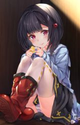 Rule 34 | 1girl, black hair, black skirt, blue sailor collar, blue shirt, blurry, blurry background, blush, boots, cheese, closed mouth, commentary request, depth of field, food, granblue fantasy, hair ornament, highres, holding, holding food, hyouta (yoneya), knees up, long sleeves, looking at viewer, panties, pleated skirt, red eyes, red footwear, sailor collar, school uniform, serafuku, shirt, shoe soles, sitting, skirt, sleeves past wrists, solo, striped clothes, striped panties, thighhighs, thighhighs under boots, underwear, vikala (granblue fantasy), white thighhighs