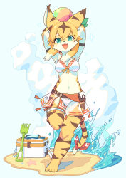 Rule 34 | 1girl, absurdres, animal ears, aqua eyes, armlet, armpits, arms up, ball, barefoot, beach, beachball, belt, bikini, bikini skirt, blonde hair, blue-framed eyewear, blue background, breasts, cat ears, cat tail, claws, cloud, cooler, facial mark, fang, female focus, full body, furry, furry female, gluteal fold, goggles, green ribbon, happy, hashiba (848siba), highres, holding, leg up, looking at viewer, medium breasts, mia (world flipper), multicolored hair, navel, ocean, open mouth, pouch, rake, red ribbon, ribbon, sand, see-through, short hair, skin fang, skindentation, smile, solo, sparkle, standing, standing on one leg, starfish, stomach, straight-on, swimsuit, tail, tail ornament, tail ribbon, thigh gap, thigh strap, two-tone hair, water, whisker markings, white bikini, white hair, world flipper