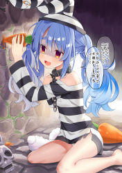 Rule 34 | 1girl, absurdres, animal ear fluff, animal ears, blue hair, braid, carrot, chain, cuffs, dorianpanda, drooling, empty eyes, highres, hololive, long hair, long sleeves, multicolored hair, open mouth, prison clothes, rabbit ears, rabbit girl, safety pin, shaded face, shirt, short hair, skull, striped clothes, striped shirt, translation request, twin braids, two-tone hair, usada pekora, usada pekora (prisoner), virtual youtuber, white hair