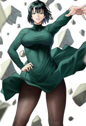 Rule 34 | 1girl, absurdres, breasts, brown pantyhose, dress, floating rock, fubuki (one-punch man), green dress, green eyes, green hair, hand on own hip, highres, large breasts, lips, long sleeves, looking at viewer, one-punch man, outstretched arm, pantyhose, parted lips, revision, short hair, smile, solo, standing, turtleneck dress, white background, yoshio (55level)