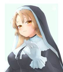 Rule 34 | 1girl, blonde hair, brown eyes, colored eyelashes, festa11307070, gloves, habit, highres, long hair, looking at viewer, nijisanji, nun, simple background, sister claire, sister claire (1st costume), smile, solo, upper body, virtual youtuber, white gloves, zipper