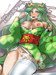 Rule 34 | 10s, 1girl, 2015, bare shoulders, blush, boris (noborhys), breasts, cum, cum on body, cum on breasts, cum on upper body, drunk, female focus, forehead jewel, green eyes, green hair, jewelry, kid icarus, large breasts, long hair, matching hair/eyes, nintendo, palutena, pussy, single thighhigh, solo, thighhighs, uncensored, very long hair, white thighhighs