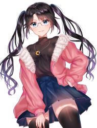 Rule 34 | 1girl, bad id, bad pixiv id, black hair, black shirt, black thighhighs, blue eyes, blue skirt, breasts, collarbone, cowboy shot, fur collar, glasses, hand on own thigh, highres, idolmaster, idolmaster shiny colors, jacket, jewelry, kaon (kaon ll), long hair, looking at viewer, medium breasts, miniskirt, mitsumine yuika, necklace, off shoulder, open clothes, open jacket, pink jacket, pleated skirt, rimless eyewear, shirt, sidelocks, simple background, skirt, smile, solo, standing, thighhighs, twintails, wavy hair, white background, zettai ryouiki, zipper pull tab