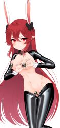 Rule 34 | 1girl, 555, absurdres, highres, long hair, meme attire, navel, original, pasties, pointy ears, red eyes, red hair, reverse bunnysuit, reverse outfit, shiny clothes, simple background, solo, very long hair, white background
