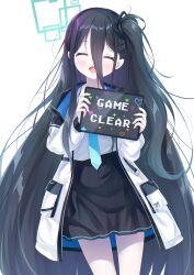 Rule 34 | 1girl, absurdly long hair, aqua halo, aris (blue archive), blue archive, blue necktie, coat, cowboy shot, halo, highres, holding, holding tablet pc, long hair, necktie, one side up, rectangular halo, skirt, smile, tablet pc, very long hair, white coat, yottacc