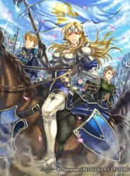 Rule 34 | 1girl, 2boys, armor, blonde hair, boots, breasts, brown eyes, cleavage, clive (fire emblem), company name, day, faceless, faceless male, fernand (fire emblem), fire emblem, fire emblem cipher, fire emblem echoes: shadows of valentia, flag, green armor, helmet, horse, mathilda (fire emblem), mole, mountain, multiple boys, nintendo, official art, petals, polearm, sky, sparkle, spear, teeth, thighhighs, weapon, white hair