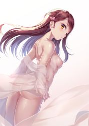 Rule 34 | 10s, 1girl, ass, blush, breasts, closed mouth, cowboy shot, dutch angle, flower, from behind, from below, hair flower, hair ornament, long hair, long sleeves, looking back, looking down, love live!, love live! sunshine!!, medium breasts, miazi, nipples, nude, open clothes, open shirt, orange eyes, red hair, sakurauchi riko, see-through, shiny skin, shirt, smile, solo, standing, swept bangs, white shirt