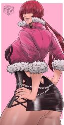 Rule 34 | 1girl, absurdres, ass, black dress, breasts, chain, dress, feather trim, female focus, fingernails, grin, hair over eyes, highres, huge ass, jacket, large breasts, lips, looking at viewer, makeup, parted lips, pink jacket, red hair, sekushi magik, shermie (kof), short dress, short hair, smile, snk, solo, standing, teeth, the king of fighters, the king of fighters xv, thick thighs, thighs