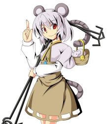 Rule 34 | 1girl, akatsubon, animal ears, female focus, grey hair, holding, holding with tail, kemomiti, mouse (animal), mouse ears, mouse tail, nazrin, prehensile tail, red eyes, simple background, solo, standing, tail, touhou, white background