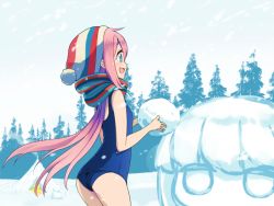 Rule 34 | 1girl, :d, ass, asterisk (asterism), beanie, blush, fire, from side, hair between eyes, hat, holding, kagamihara nadeshiko, long hair, one-piece swimsuit, open mouth, outdoors, profile, scarf, school swimsuit, shima rin, sideways mouth, smile, snow, snowing, snowman, solo, striped clothes, striped scarf, swimsuit, tent, tree, very long hair, yurucamp