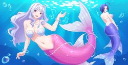 Rule 34 | 2girls, absurdres, bead necklace, beads, blue hair, breasts, bubble, gem, highres, idolmaster, idolmaster (classic), jewelry, kiria021, kneeless mermaid, large breasts, long hair, looking at viewer, mermaid, miura azusa, monster girl, monsterification, multiple girls, musical note, navel, necklace, shell, shell bikini, shijou takane, short hair, smile, sparkle, underwater