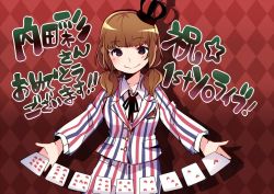 Rule 34 | 1girl, argyle, argyle background, argyle clothes, black eyes, black ribbon, brown hair, card, collared shirt, commentary request, crown, formal, long hair, long sleeves, looking at viewer, low twintails, neck ribbon, outstretched arms, playing card, real life, red background, ribbon, shirt, smile, solo, spread arms, striped suit, suit, taneda yuuta, translation request, twintails, uchida aya, voice actor