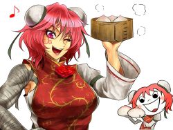 Rule 34 | 1girl, :d, ;d, bamboo steamer, bandages, baozi, chibi, chinese clothes, deformed, double bun, food, ibaraki kasen, musical note, one eye closed, open mouth, pink eyes, pink hair, ryuuichi (f dragon), smile, touhou