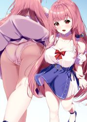Rule 34 | 1girl, :d, arm behind back, ass, azur lane, blue dress, blue footwear, blunt bangs, bow, breasts, cleavage, clothes lift, collarbone, commentary request, dress, fukuda shuushi, gradient background, hair ribbon, highres, large breasts, long hair, looking at viewer, multiple views, open mouth, panties, pink hair, pink panties, princeton (azur lane), princeton (lolipop paradise) (azur lane), red bow, red eyes, ribbon, sidelocks, skirt, skirt lift, smile, two-tone dress, underwear, very long hair, walking, white dress