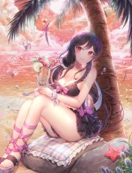 Rule 34 | 1girl, bad id, bad pixiv id, beach, black hair, blanket, blush, breasts, cleavage, closed mouth, clothes between thighs, cup, drinking glass, holding, holding cup, holding drinking glass, holding spoon, large breasts, long hair, looking at viewer, original, outdoors, ozzingo, rock, sitting, smile, solo, spoon, starfish, sunset, tree, water drop