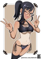 1girl ;d absurdres alternate_costume alternate_hairstyle artist_name bikini black_bikini black_choker black_hair black_thighhighs bracelet breasts brown_eyes cat_ear_bikini choker double_v earrings fang glasses hands_up highres ijiranaide_nagatoro-san jewelry kdtwifi looking_at_viewer medium_breasts nagatoro_hayase navel one_eye_closed open_mouth ponytail redrawn single_sidelock skin_fang smile solo swimsuit tan tanline thighhighs underboob v