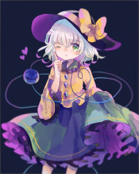 Rule 34 | 1girl, black hat, blouse, bow, dark background, feet out of frame, frilled shirt collar, frilled skirt, frilled sleeves, frills, green eyes, green skirt, grey hair, hair between eyes, hat, hat bow, hat ribbon, hiyuu (hiyualice), index finger raised, komeiji koishi, long sleeves, looking at viewer, medium hair, one eye closed, ribbon, shirt, simple background, skirt, solo, third eye, touhou, wide sleeves, yellow bow, yellow ribbon, yellow shirt