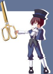 Rule 34 | 00s, 1girl, blue dress, contrapposto, dress, fictional sister, from side, hat, holding, holding weapon, kneehighs, long sleeves, outstretched arm, pantyhose, profile, red eyes, rozen maiden, scissors, shoes, socks, solo, souseiseki, standing, top hat, weapon, white socks