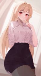Rule 34 | 1girl, absurdres, arm behind back, black skirt, blonde hair, blush, closed mouth, collared shirt, commentary request, finger to mouth, hair ornament, highres, index finger raised, indoors, jingburger, long hair, looking at viewer, pantyhose, red eyes, sei (0724sei6), shirt, shirt tucked in, skirt, sleeves rolled up, solo, very long hair, virtual youtuber, waktaverse, white shirt