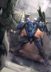 Rule 34 | armored core, armored core 6, gun, highres, mecha, mecha focus, no humans, robot, ruins, thruster, v.iv rusty, weapon