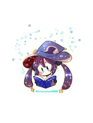 Rule 34 | absurdres, arikuigames1105, blue eyes, blue hat, book, chibi, furrowed brow, genshin impact, hat, highres, holding, holding book, long hair, mona (genshin impact), no mouth, purple hair, simple background, starry hair, witch hat