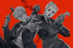 Rule 34 | 1boy, 1girl, :d, belt, blonde hair, breast pocket, breasts, clenched hands, clenched teeth, collared shirt, dorohedoro, earrings, formal, glasses, gloves, hair bun, hair pulled back, hammer, hand up, hands up, highres, holding, holding hammer, holding limb, holding weapon, jacket, jewelry, ki (mxxxx), large breasts, leaning to the side, long sleeves, looking at viewer, necktie, noi (dorohedoro), open mouth, outstretched arm, palms, pocket, reaching, reaching towards viewer, red background, red eyes, severed limb, shin (dorohedoro), shirt, short hair, single hair bun, skirt, skirt suit, smile, smoke, spot color, star (symbol), stitched fingers, suit, teeth, updo, upper body, weapon, white shirt