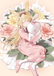 Rule 34 | 1girl, ^ ^, animal ears, black bow, blonde hair, bow, brown background, closed eyes, closed mouth, commission, facing viewer, flower, hair bow, hair flower, hair ornament, highres, juliet sleeves, kitada mo, long hair, long sleeves, hugging object, original, pantyhose, pink flower, pink footwear, puffy sleeves, rabbit ears, shoes, skeb commission, solo, stuffed animal, stuffed rabbit, stuffed toy, very long hair, white bow, white flower, white pantyhose, yellow flower