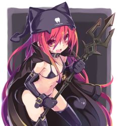 Rule 34 | 1girl, alastor (shakugan no shana), bikini, cape, choker, cosplay, elbow gloves, gloves, hat, jewelry, long hair, navel, open mouth, pendant, polearm, red eyes, red hair, rokushou, shakugan no shana, shana, smile, solo, swimsuit, thighhighs, trident, weapon