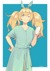 Rule 34 | 1girl, alternate costume, aqua dress, blonde hair, blue background, blue eyes, blush, breasts, cellphone, closed mouth, doyagao, dress, gambier bay (kancolle), hair between eyes, hairband, highres, ichiroku (sakumogu-029), kantai collection, large breasts, one eye closed, phone, simple background, smartphone, smile, smug, solo, twintails, white background