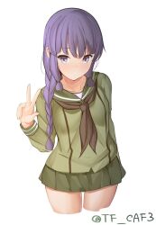 Rule 34 | 1girl, braid, cropped legs, green sailor collar, green serafuku, green shirt, green skirt, grey eyes, hair over shoulder, kantai collection, kitakami (kancolle), long hair, long sleeves, miniskirt, one-hour drawing challenge, pleated skirt, purple hair, sailor collar, school uniform, serafuku, shirt, simple background, single braid, skirt, solo, tf cafe, v, white background