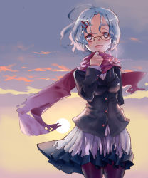 Rule 34 | 1girl, alternate costume, bespectacled, blazer, blue eyes, blue hair, contemporary, glasses, kumoi ichirin, living clothes, matching hair/eyes, objectification, pantyhose, scarf, short hair, solo, touhou, unzan, zeni