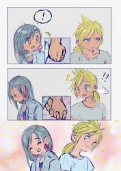 Rule 34 | !, !?, 1boy, 1girl, 80s, absurdres, black hair, blonde hair, blue eyes, blue tank top, blush, bright pupils, cloud strife, earrings, embarrassed, final fantasy, final fantasy vii, highres, holding hands, hugo artist, jacket, jewelry, long hair, looking at another, low ponytail, oldschool, open mouth, red eyes, retro artstyle, shirt, smile, spiked hair, square enix, surprised, tank top, tifa lockhart, upper body, white shirt