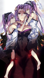 Rule 34 | 3girls, bare shoulders, barefoot, carimarica, claws, closed mouth, commentary request, crying, crying with eyes open, dress, euryale (fate), closed eyes, fate/grand order, fate/hollow ataraxia, fate (series), frilled hairband, frills, hairband, headdress, highres, holding another&#039;s head, holding person, lolita hairband, long hair, looking at another, medusa (fate), medusa (rider) (fate), multiple girls, pink lips, purple eyes, purple hair, ribbon-trimmed hairband, siblings, sisters, stheno (fate), strapless, strapless dress, tears, twins, twintails, white dress