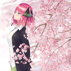 Rule 34 | arms behind back, black cardigan, black ribbon, blue eyes, blunt bangs, breasts, butterfly hair ornament, cardigan, cherry blossoms, go-toubun no hanayome, green skirt, hair ornament, highres, large breasts, letter, looking afar, multicolored nails, nail polish, nakano nino, nyaa28, open cardigan, open clothes, pink hair, ribbon, shirt, skirt, solo, twintails, white shirt