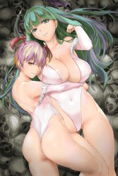 Rule 34 | 2girls, adapted costume, alternate color, ass, bakkanki, bare legs, breasts, covered erect nipples, covered navel, gluteal fold, green hair, hair over one eye, head wings, highleg, highres, hime cut, hug, huge breasts, leotard, lilith aensland, long hair, looking at viewer, looking to the side, lying, morrigan aensland, multiple girls, pink hair, shoulder blades, skull, small breasts, smile, thong leotard, vampire (game), wings, yellow eyes