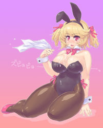 Rule 34 | 1girl, animal ears, blonde hair, breasts, cleavage, curvy, fake animal ears, fax ogawa, handkerchief, huge breasts, original, pantyhose, playboy bunny, rabbit ears, red eyes, sexually suggestive, short hair, snot, solo, thick thighs, thighs, twintails