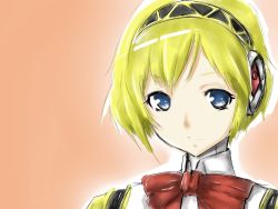Rule 34 | 1girl, aegis (persona), android, atlus, bad id, bad pixiv id, blonde hair, blue eyes, bow, female focus, gradient background, headphones, pazma, persona, persona 3, short hair, smile, solo, upper body