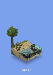 Rule 34 | absurdres, beach, blue background, commentary request, coral, diorama, fish, gozz, highres, holding, holding paddle, isometric, original, paddle, palm leaf, raft, sailing, tree